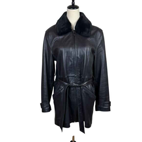 Adler Collection 100% Genuine Leather Faux Fur Collar Belted Midi Coat Jacket - Picture 1 of 13
